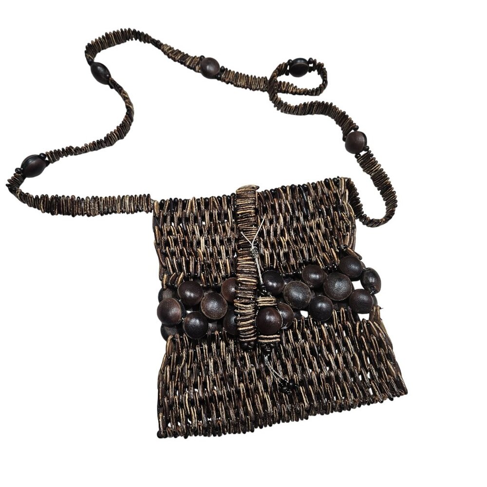 Handwoven Brown Shoulder Bag Beaded Strap Beadwork Tropical Vacation Coconut‎